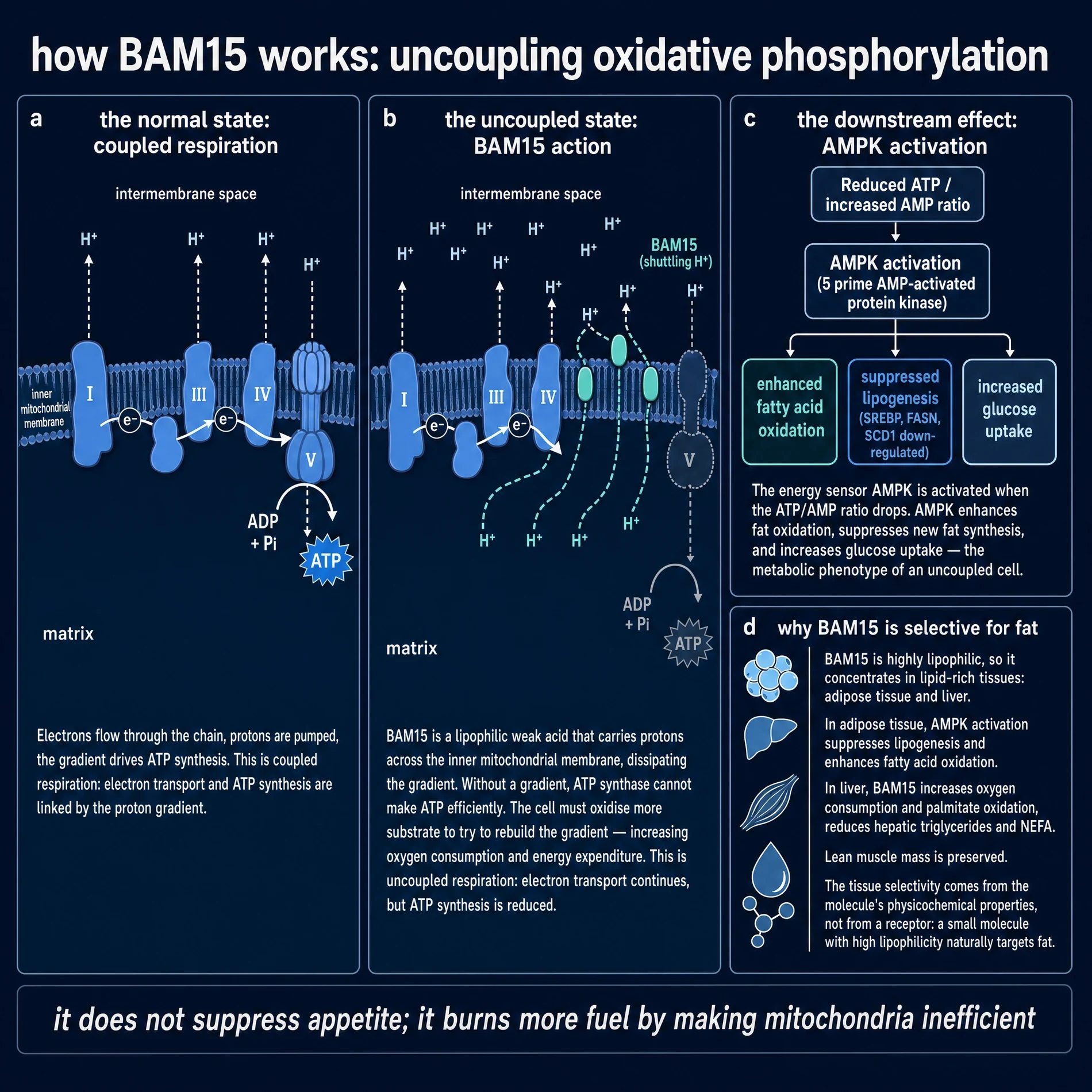 How BAM15 uncouples oxidative phosphorylation: coupled versus uncoupled respiration, AMPK downstream signalling, and tissue selectivity by lipophilicity