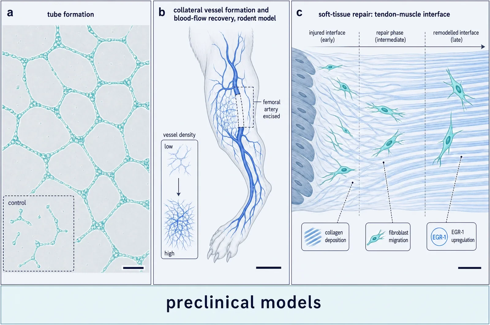 Three-panel tissue-scale figure: an endothelial tube-formation assay with a sparse control inset; a rodent hind limb with the femoral artery excised and collateral microvessels bridging the gap; and a tendon-muscle interface remodelling from injured to aligned, with fibroblasts migrating along collagen fibres.