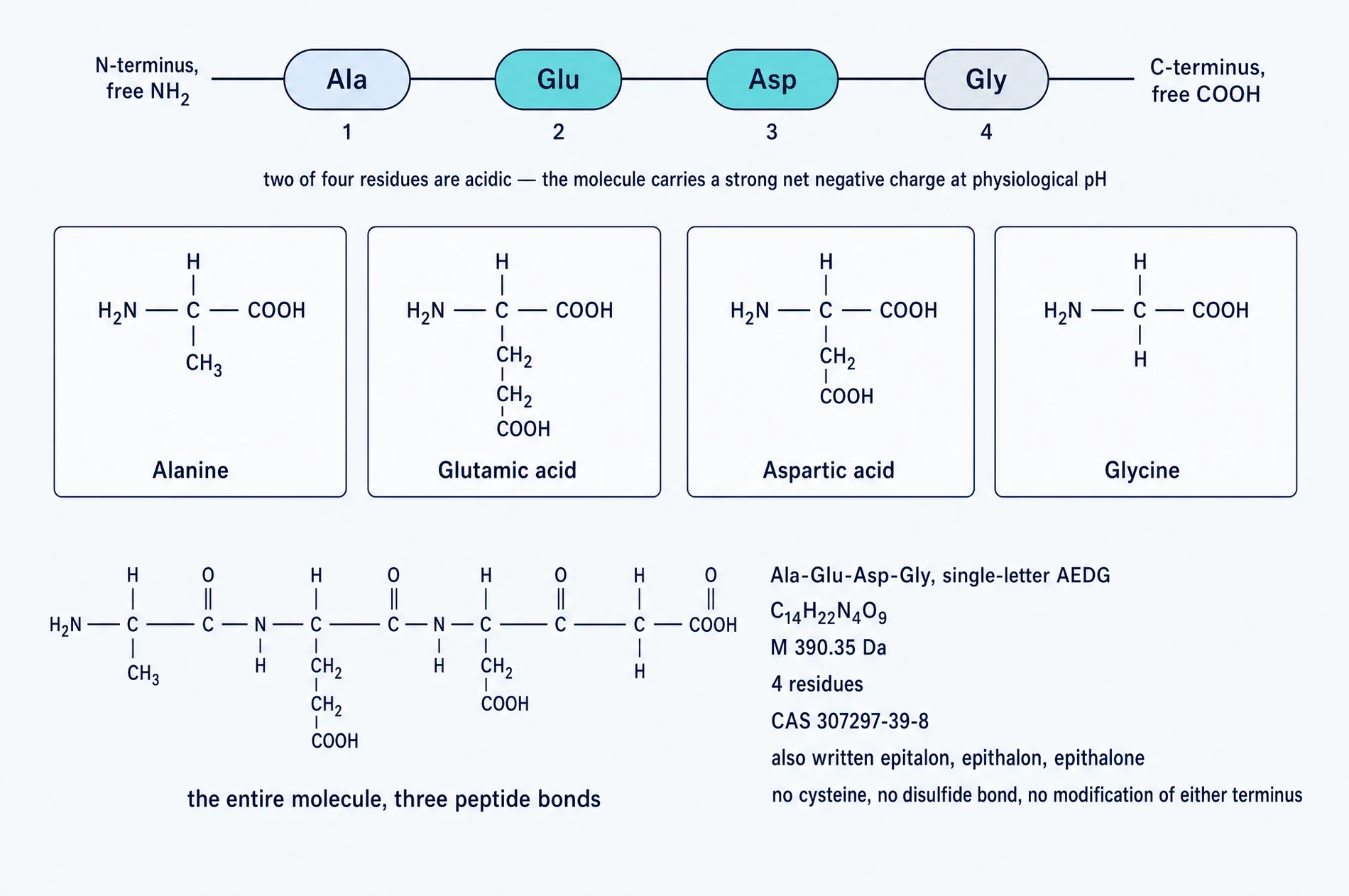 Primary structure of epitalon: the four residues, their side chains, the complete molecule and its identifiers