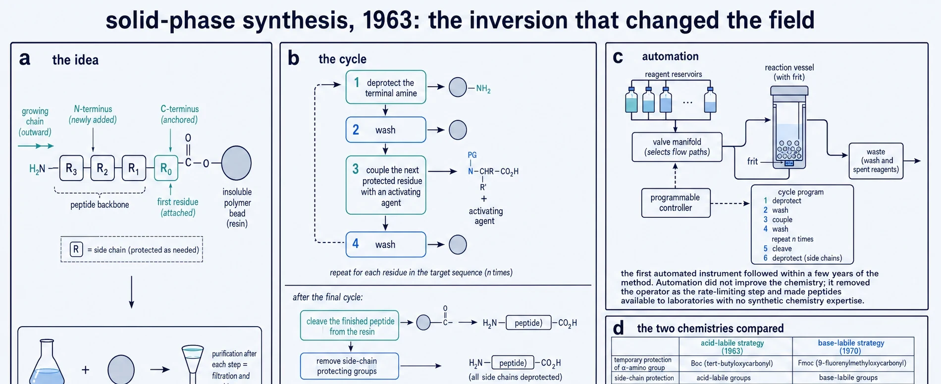 Diagram of the solid-phase synthesis concept, the four-step synthetic cycle, and the automated instrument