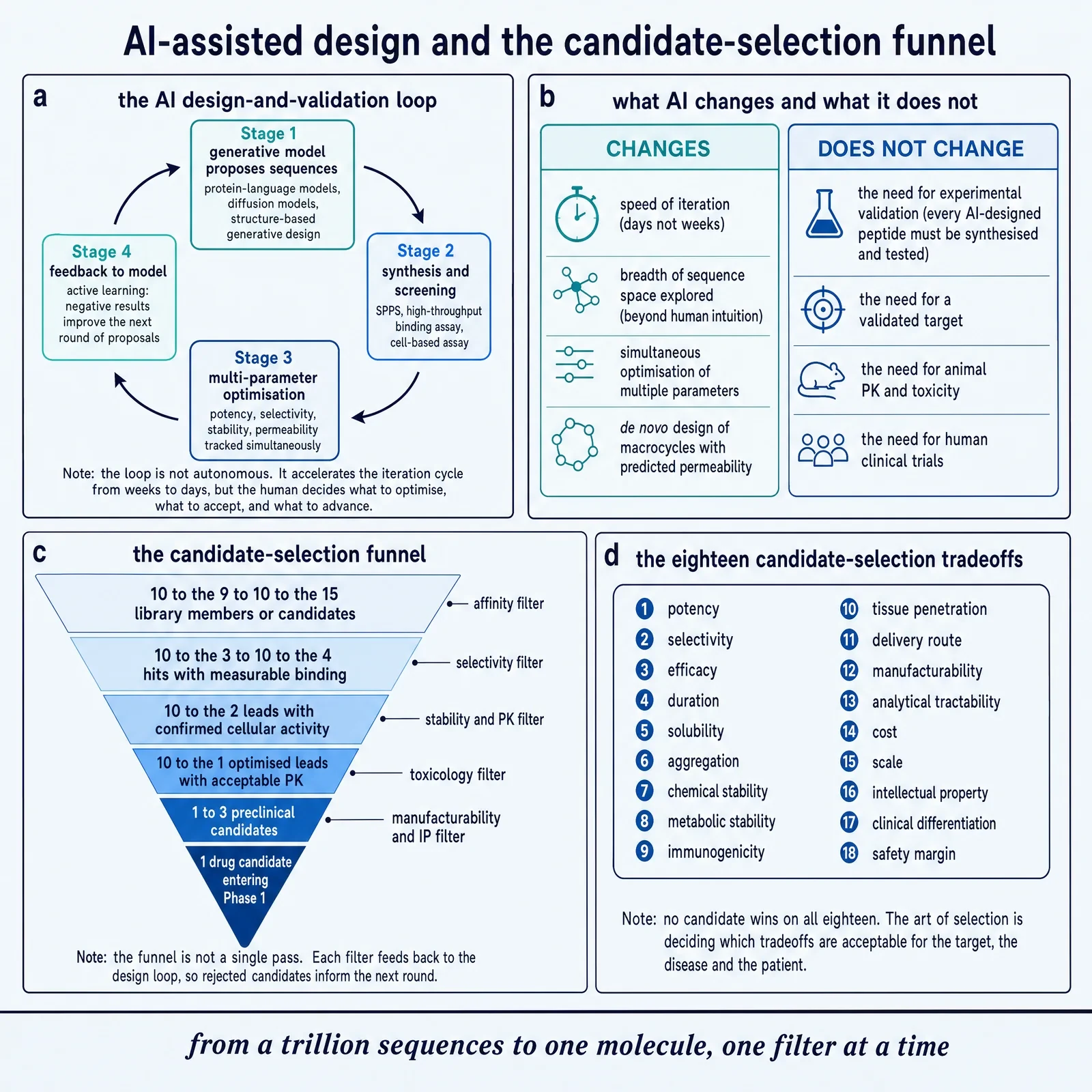 AI-assisted design and the candidate-selection funnel.