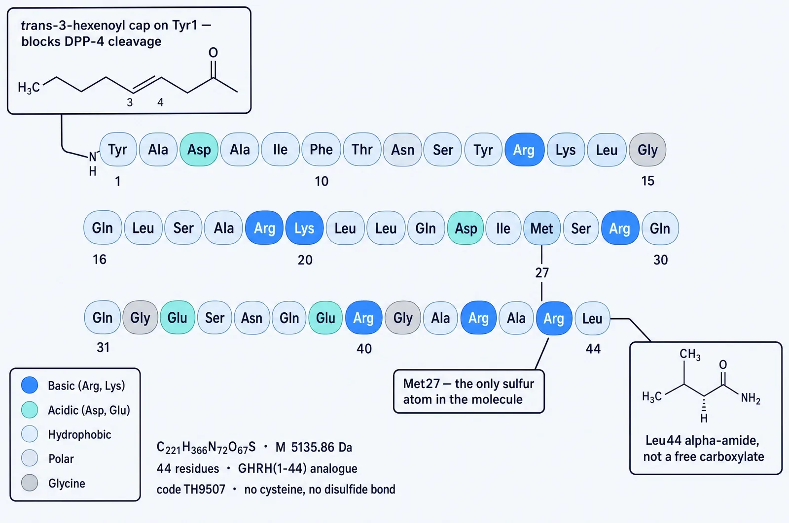 Primary structure of tesamorelin drawn as 44 residue circles in three rows using three-letter amino-acid codes, coloured by class: basic, acidic, hydrophobic, polar and glycine. An inset at upper left shows the trans-3-hexenoyl cap on tyrosine 1 and notes that it blocks DPP-4 cleavage. Methionine 27 is called out as the only sulfur atom in the molecule. An inset at lower right shows the leucine 44 alpha-amide C-terminus rather than a free carboxylate. A summary line gives the formula C221H366N72O67S, mass 5135.86 daltons, 44 residues, GHRH(1-44) analogue, code TH9507, no cysteine and no disulfide bond.